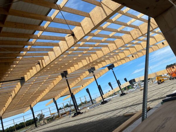 Structural beams of the BBI warehouse roof under construction