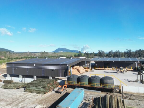 Side view of PermaPine Dry Shed and Treatment Plant with mountain in background